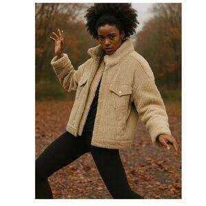 BLANKNYC Women Collared Full Zip Corduroy Sherpa Teddy Jacket XTRA-SMALL Beige